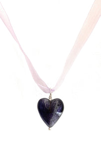 Necklace with purple velvet Murano glass medium heart pendant on organza ribbon