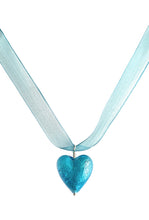 Necklace with turquoise (blue) Murano glass medium heart pendant on organza ribbon
