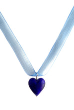 Necklace with dark blue (cobalt) Murano glass medium heart pendant on organza ribbon