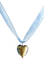Necklace with blue and gold Murano glass medium heart pendant on organza ribbon