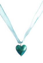 Necklace with sea green (jade, teal) Murano glass medium heart pendant on ribbon