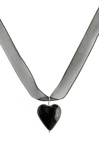 Necklace with black pastel Murano glass medium heart pendant on organza ribbon