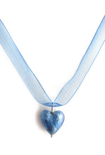 Necklace with cornflower blue Murano glass medium heart pendant on organza ribbon