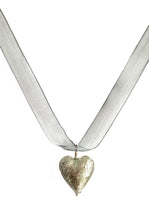 Necklace with grey Murano glass medium heart pendant on organza ribbon