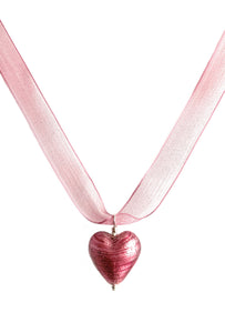 Necklace with rose pink (cerise) Murano glass medium heart pendant on organza ribbon