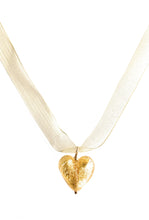 Necklace with light (pale) gold Murano glass medium heart pendant on organza ribbon