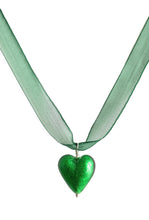 Necklace with dark green (emerald) Murano glass medium heart pendant on ribbon