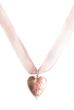 Necklace with pink flowers, pastel and gold Murano glass medium heart on ribbon