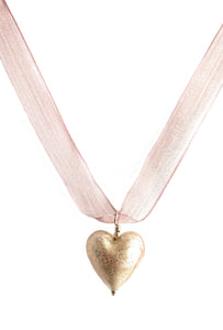Necklace with champagne (pink) Murano glass medium heart pendant on ribbon