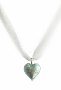 Necklace with aquamarine (blue) Murano glass medium heart pendant on organza ribbon