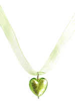 Necklace with light green (lime, peridot) Murano glass medium heart pendant on ribbon