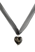 Necklace with honeycomb black and silver glitter Murano glass medium heart on ribbon