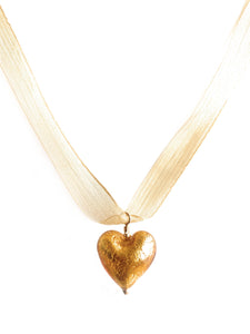 Necklace with gold topaz (amber) Murano glass medium heart pendant on ribbon