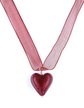 Necklace with red Murano glass medium heart pendant on organza ribbon