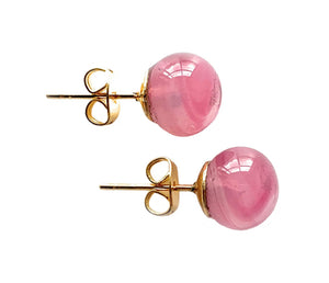 Earrings with pink alabaster Murano glass sphere studs on 24ct gold plated posts