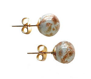 Earrings with grey opal and aventurine Murano glass sphere studs on 24ct gold plated posts
