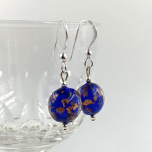 Earrings with dark blue (cobalt) and aventurine Murano glass mini lentil drops on silver or gold