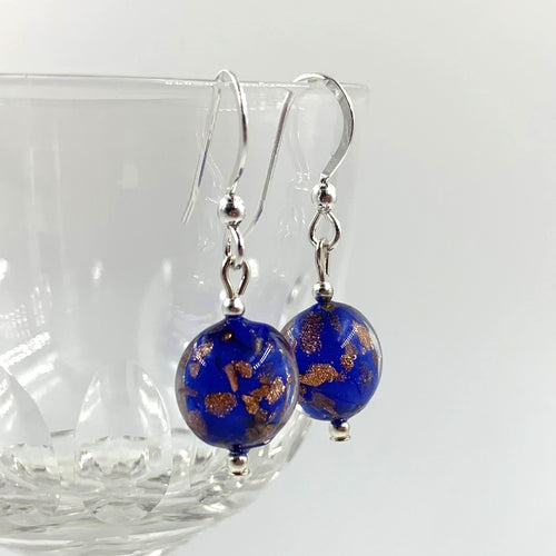 Earrings with dark blue (cobalt) and aventurine Murano glass mini lentil drops on silver or gold