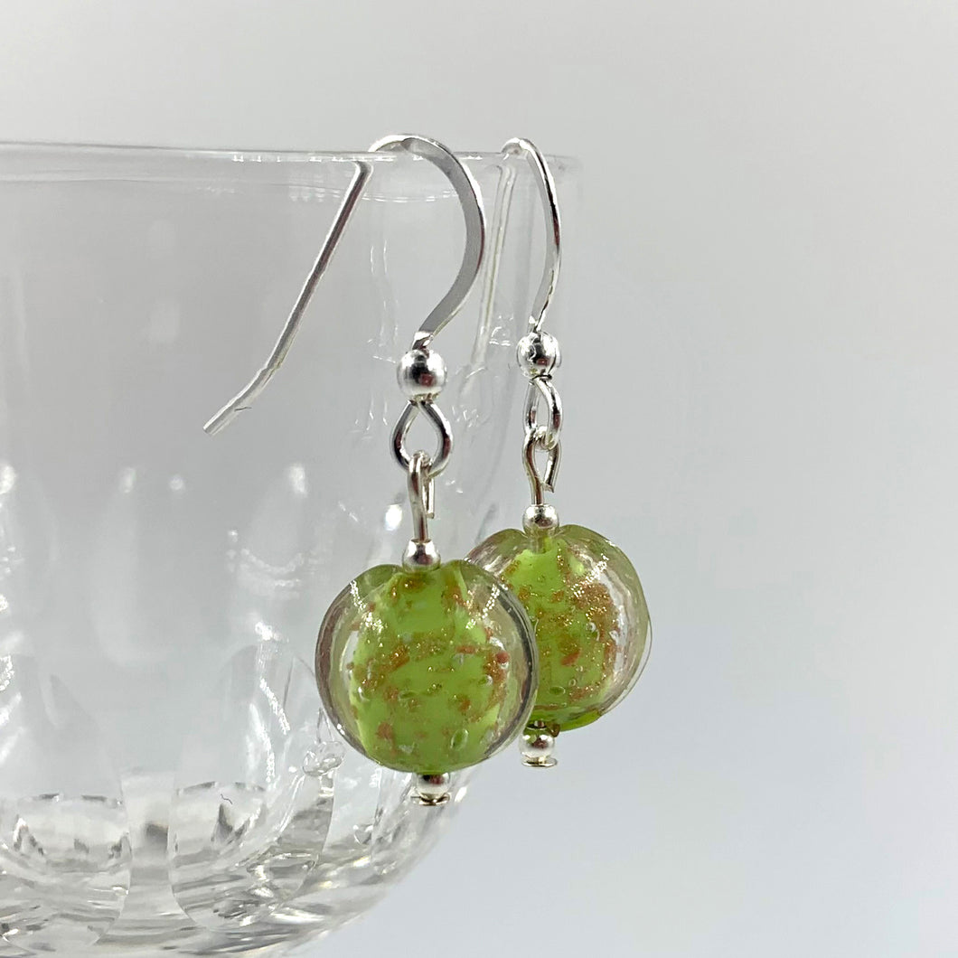 Earrings with green and aventurine Murano glass mini lentil drops on silver or gold hooks