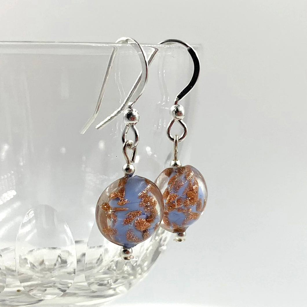 Earrings with wedgewood blue and aventurine Murano glass mini lentil drops on silver or gold