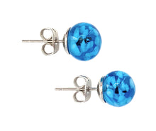 Earrings with blue translucent and white flake Murano glass sphere studs on surgical steel posts