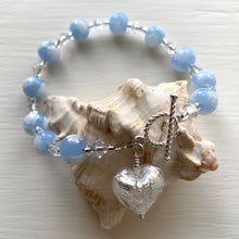 Bracelet with light blue Murano glass marguerite beads, Swarovski© crystals and heart charm
