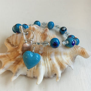 Bracelet with blue Murano glass mosaic beads, Swarovski© crystals and heart charm