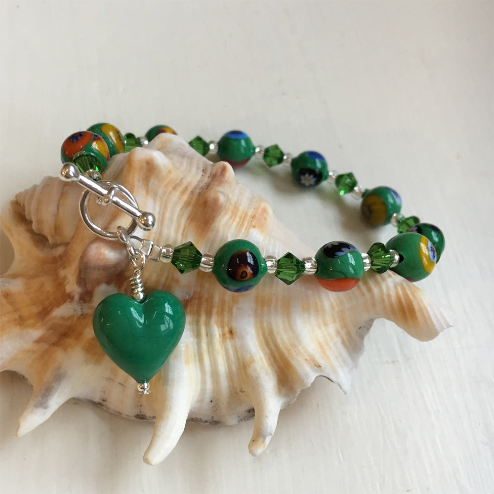 Bracelet with green Murano glass mosaic beads, Swarovski© crystals and heart charm
