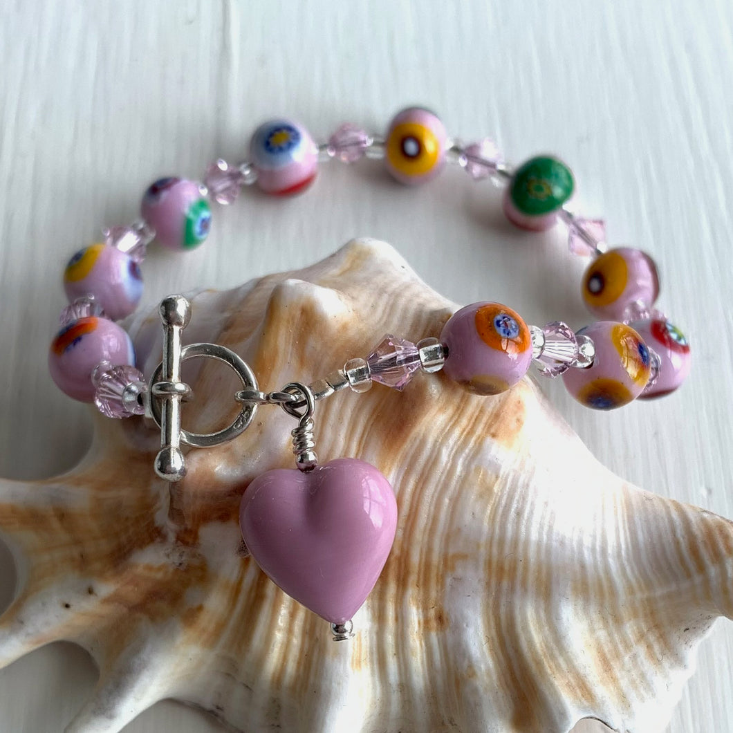 Bracelet with pink Murano glass mosaic beads, Swarovski© crystals and heart charm