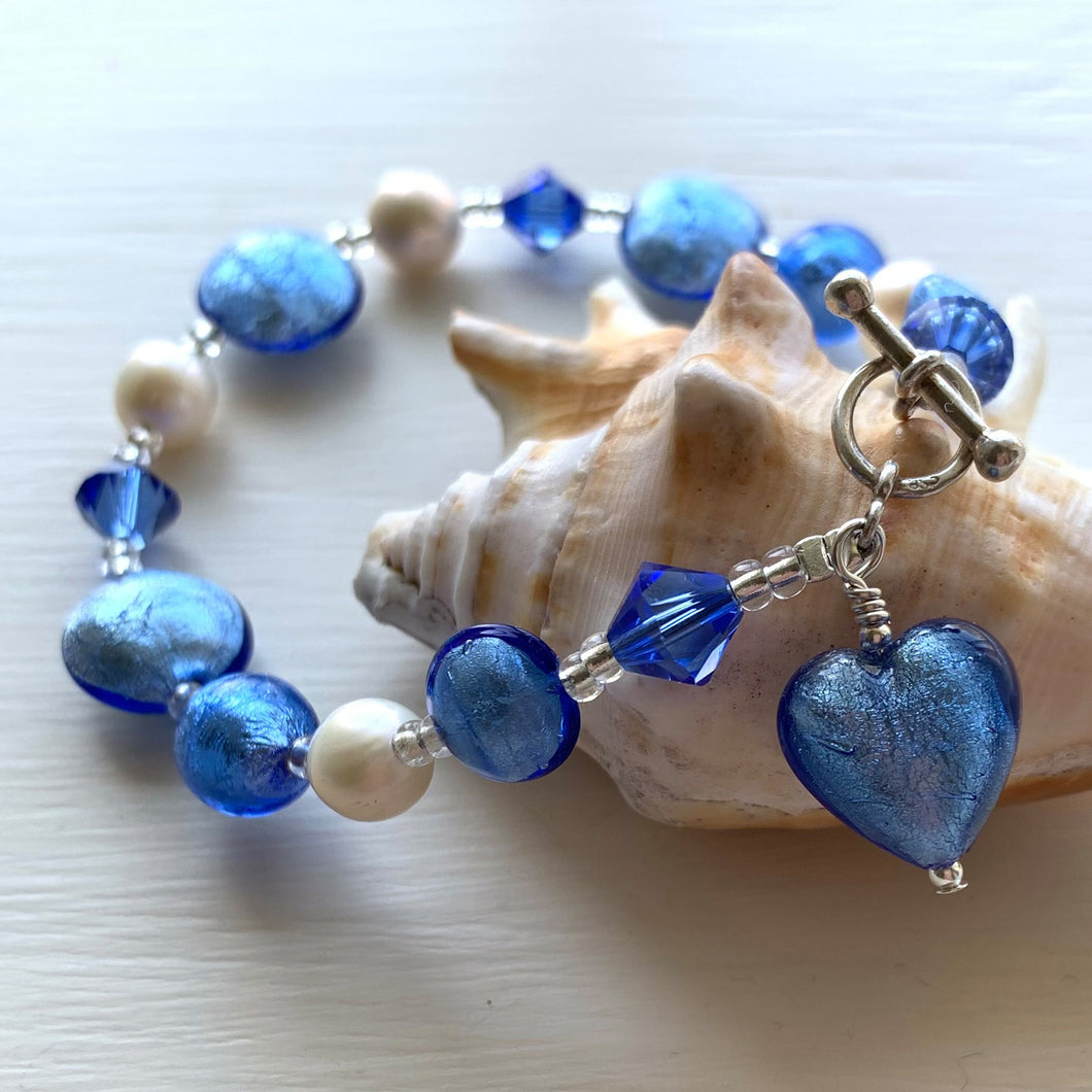 Bracelet with cornflower blue  Murano glass beads, Swarovski© crystals, pearls, charm