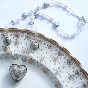 Necklace with grey, clear crystal Murano glass beads, Swarovski© crystals, pearls, heart