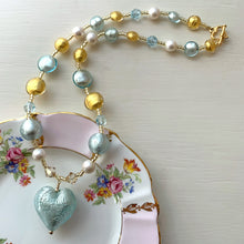 Necklace with aqua (blue) and gold Murano glass beads, Swarovski© crystals, pearls, heart
