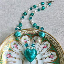 Necklace with teal (green, jade) Murano glass beads, Swarovski© crystals, pearls, heart