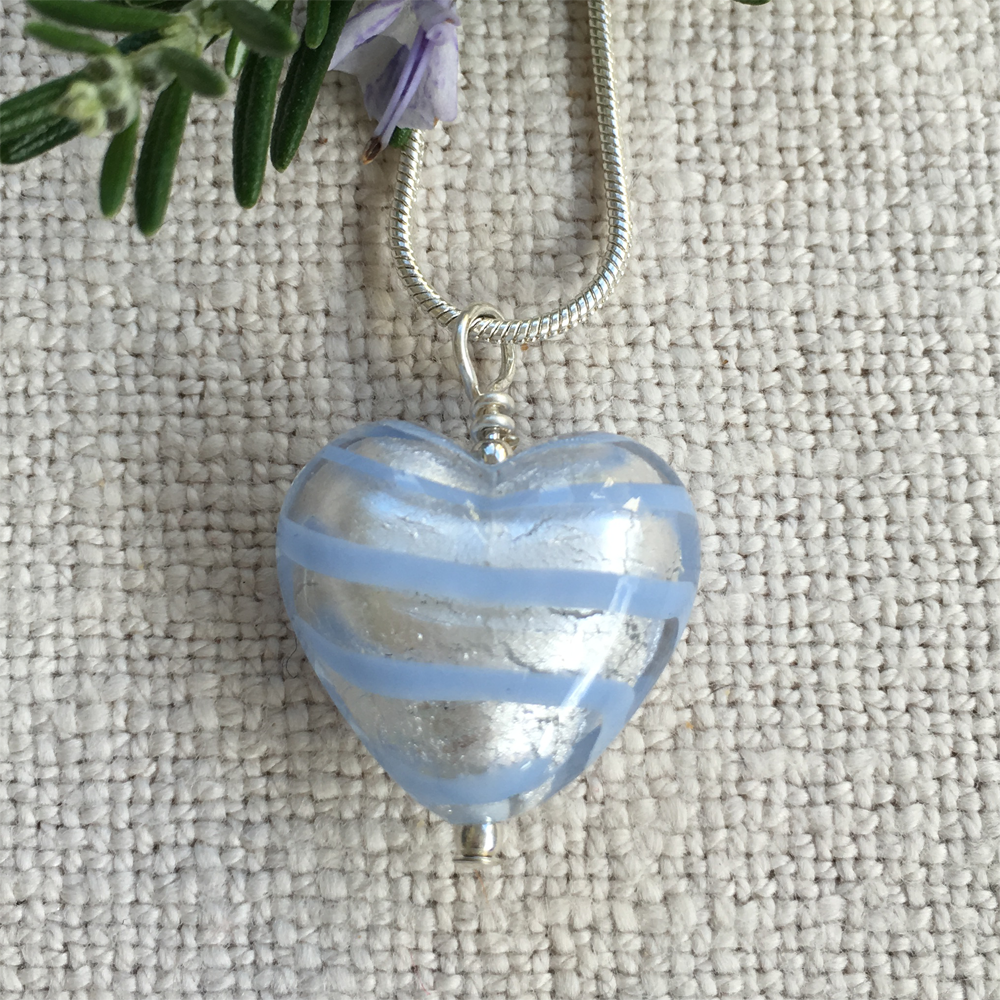Necklace with aqua (blue) spiral Murano glass medium heart pendant on silver chain