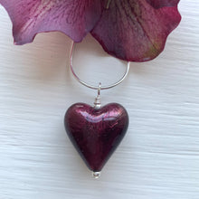Necklace with dark amethyst (purple) Murano glass medium heart pendant on silver chain