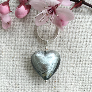 Necklace with grey Murano glass medium heart pendant on silver snake chain