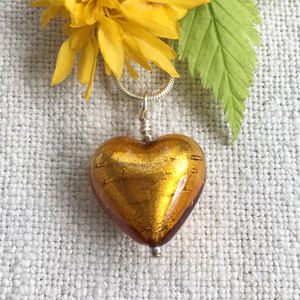 Necklace with gold topaz (amber) Murano glass medium heart pendant on silver chain