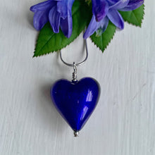 Necklace with dark blue (cobalt) Murano glass medium heart pendant on silver snake chain