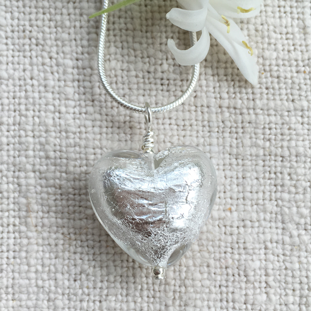 Necklace with clear crystal and silver Murano glass medium heart pendant on silver chain