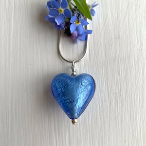 Necklace with cornflower blue Murano glass medium heart pendant on silver snake chain