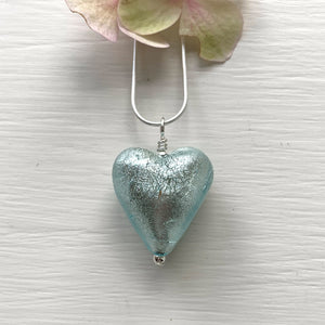 Necklace with aqua (blue) and white gold Murano glass medium heart pendant on silver chain