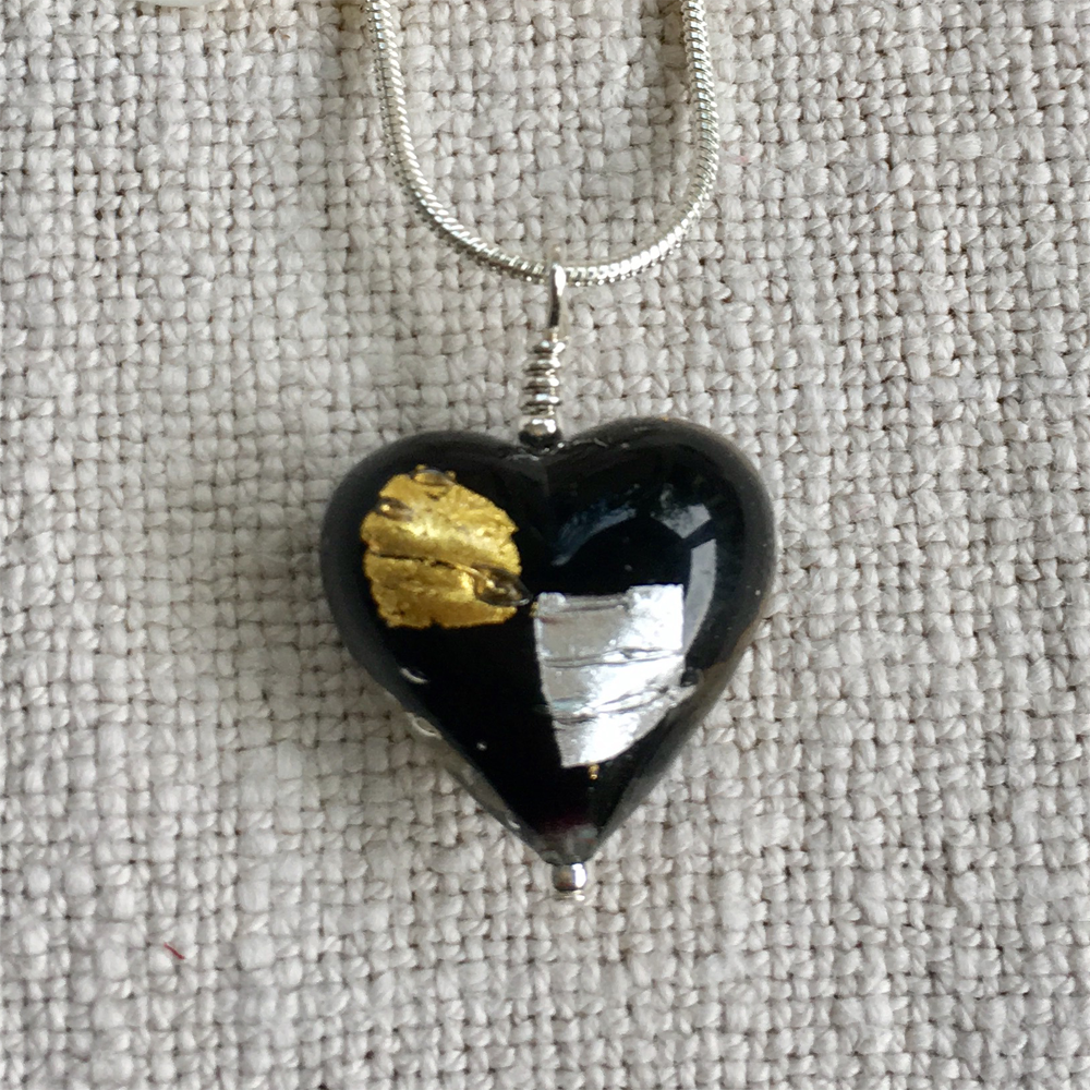 Necklace with black, gold and silver Murano glass medium heart pendant on silver chain
