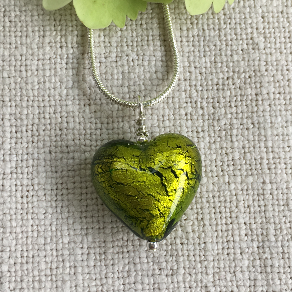 Necklace with olive green Murano glass medium heart pendant on silver chain