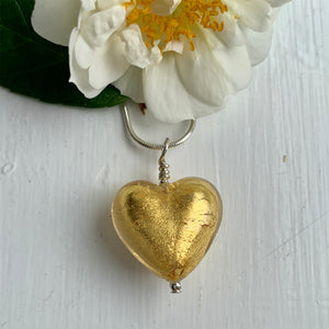 Necklace with light (pale) gold Murano glass medium heart pendant on silver chain