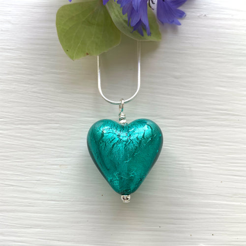 Necklace with teal (green, jade) Murano glass medium heart pendant on silver chain