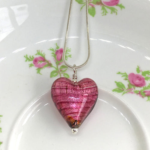 Necklace with rose pink (cerise) Murano glass medium heart pendant on silver chain