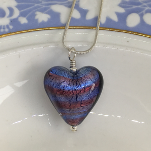 Necklace with amethyst spiral and purple Murano glass medium heart pendant on chain