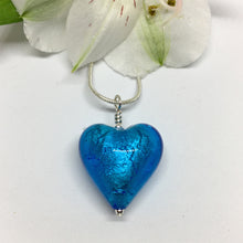 Necklace with turquoise (blue), white gold Murano glass medium heart pendant on chain