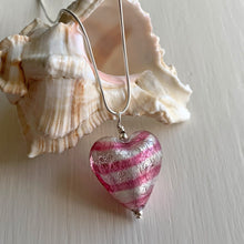 Necklace with candy stripe pink Murano glass medium heart pendant on silver chain
