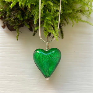 Necklace with dark green (emerald) Murano glass medium heart pendant on silver chain